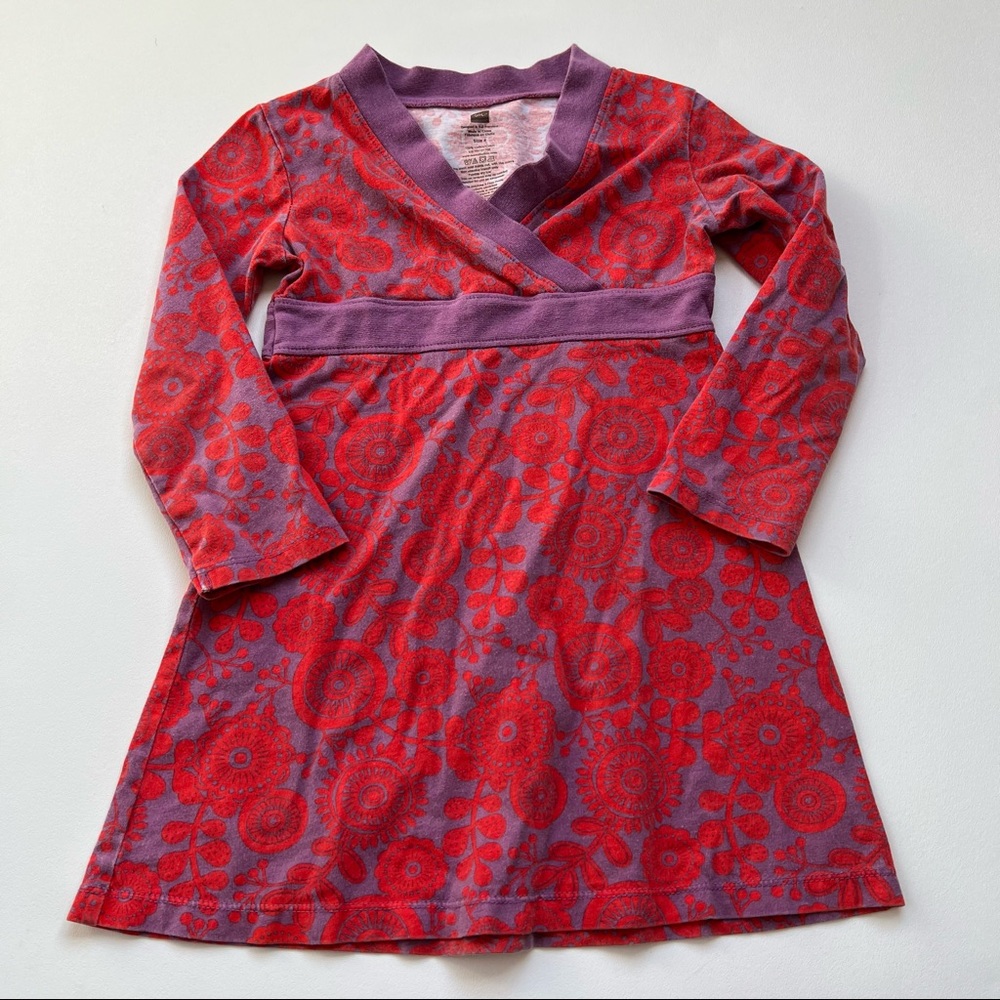 Tea Collection Long Sleeve Dress Floral Red Purple Size 4